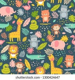 Pastel cute safari animals with tropical leaf seamless pattern background