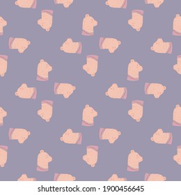 Pastel cute seamless animal pattern with pink bear silhouettes ornament. Light purple background. Stock illustration. Vector design for textile, fabric, giftwrap, wallpapers.