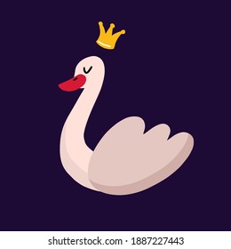 Pastel cute swan with a yellow crown. Isolated vector illustration