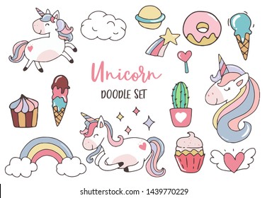 pastel cute unicorn set for sticker, postcad,invitation. vector illustration for kid