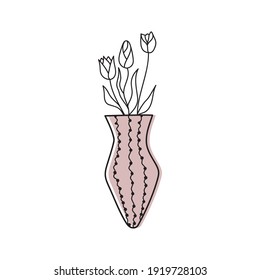 Pastel lindo jarrón. Ilustración del doodle vectorial. Brunch de tulipanes. Bouquet de flores de jardín. Pintura de clip dibujada a mano para la decoración.