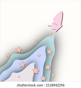 Pastel cut-out vector backgrounds include butterflies, stars and clouds. Used to enter text or make banners.