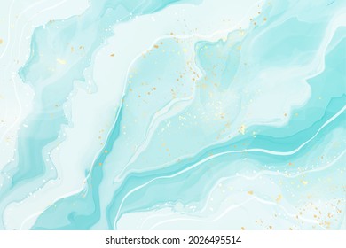 Pastel cyan mint liquid marble watercolor background with wavy lines and brush stains. Teal turquoise marbled alcohol ink drawing effect. Vector illustration backdrop, watercolour wedding invitation.