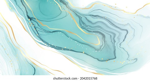 Pastel cyan mint liquid marble watercolor background with wavy lines and brush stains. Teal turquoise marbled alcohol ink drawing effect. Vector illustration backdrop, watercolour wedding invitation.