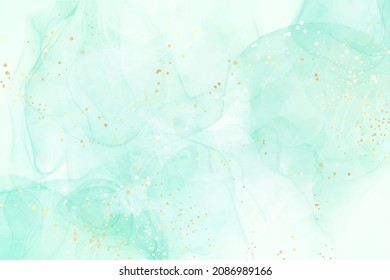 Pastel cyan mint liquid marble watercolor background with gold dots, brush stains. Teal turquoise marbled alcohol ink drawing effect. Vector illustration backdrop, watercolour wedding invitation.