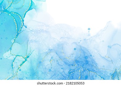 Pastel cyan mint liquid marble watercolor background with gold lines and brush stains. Teal turquoise marbled alcohol ink drawing effect. Vector illustration backdrop, watercolour wedding invitation.