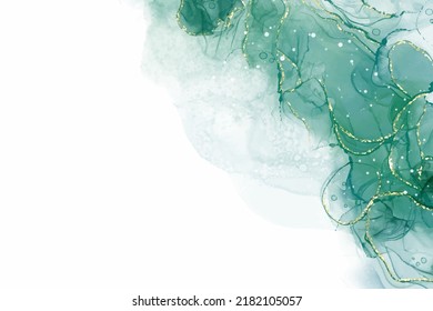 Pastel cyan mint liquid marble watercolor background with gold lines and brush stains. Teal turquoise marbled alcohol ink drawing effect. Vector illustration backdrop, watercolour wedding invitation.