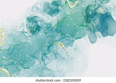 Pastel cyan mint liquid marble watercolor background with gold lines and brush stains. Teal turquoise marbled alcohol ink drawing effect. Vector illustration backdrop, watercolour wedding invitation.