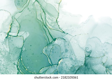 Pastel cyan mint liquid marble watercolor background with gold lines and brush stains. Teal turquoise marbled alcohol ink drawing effect. Vector illustration backdrop, watercolour wedding invitation.