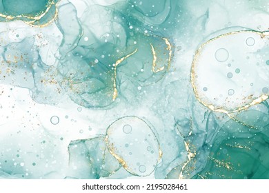 Pastel cyan mint liquid marble watercolor background with gold lines and brush stains. Teal turquoise marbled alcohol ink drawing effect. Vector illustration backdrop, watercolour wedding invitation