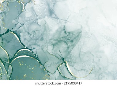 Pastel cyan mint liquid marble watercolor background with gold lines and brush stains. Teal turquoise marbled alcohol ink drawing effect. Vector illustration backdrop, watercolour wedding invitation