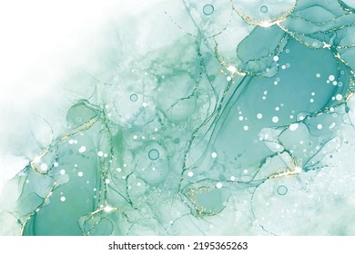 Pastel cyan mint liquid marble watercolor background with gold lines and brush stains. Teal turquoise marbled alcohol ink drawing effect. Vector illustration backdrop, watercolour wedding invitation