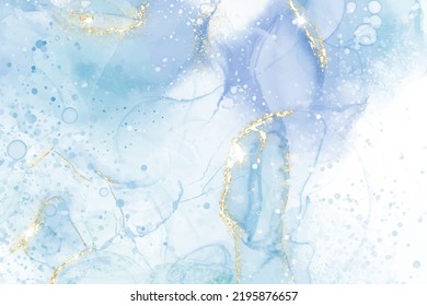 Pastel cyan mint liquid marble watercolor background with gold lines and brush stains. Teal turquoise marbled alcohol ink drawing effect. Vector illustration backdrop, watercolour wedding invitation