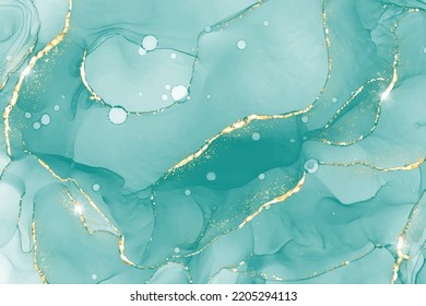 Pastel cyan mint liquid marble watercolor background with gold lines and brush stains. Teal turquoise marbled alcohol ink drawing effect. Vector illustration backdrop, watercolour wedding invitation.