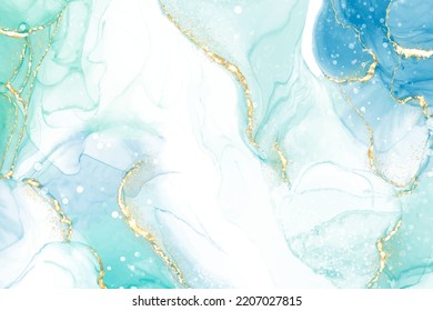 Pastel cyan mint liquid marble watercolor background with gold lines and brush stains. Teal turquoise marbled alcohol ink drawing effect. Vector illustration backdrop, watercolour wedding invitation.