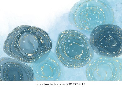 Pastel cyan mint liquid marble watercolor background with gold lines and brush stains. Teal turquoise marbled alcohol ink drawing effect. Vector illustration backdrop, watercolour wedding invitation.