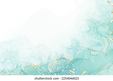 Pastel cyan mint liquid marble watercolor background with gold lines and brush stains. Teal turquoise marbled alcohol ink drawing effect. Vector illustration backdrop, watercolour wedding invitation.