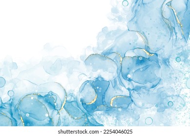 Pastel cyan mint liquid marble watercolor background with gold lines and brush stains. Teal turquoise marbled alcohol ink drawing effect. Vector illustration backdrop, watercolour wedding invitation.