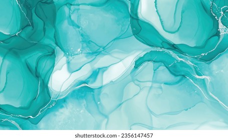 Pastel cyan mint liquid marble watercolor background with white lines and brush stains. Teal turquoise marbled alcohol ink drawing effect.   backdrop, water color wedding invitation, Vector 