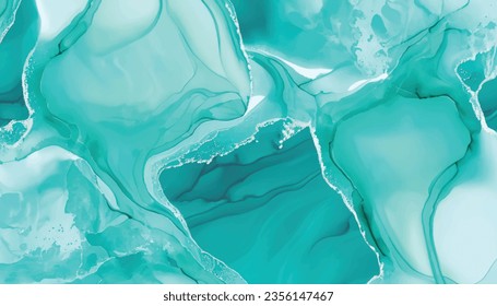 Pastel cyan mint liquid marble watercolor background with white lines and brush stains. Teal turquoise marbled alcohol ink drawing effect.   backdrop, water color wedding invitation, Vector 