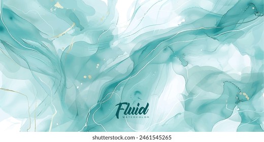 Pastel cyan mint liquid marble watercolor background with white lines and brush stains. Teal turquoise marbled alcohol ink drawing effect. Vector illustration backdrop, watercolour wedding invitation.