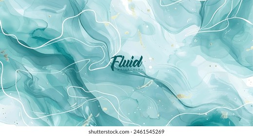 Fondo de acuarela de mármol líquido de menta cian pastel con líneas blancas y manchas de pincel. Efecto de dibujo de tinta de alcohol jaspeado turquesa verde azulado. Ilustración vectorial de fondo, acuarela invitación de boda.