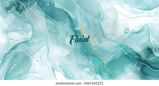 Pastel cyan mint liquid marble watercolor background with white lines and brush stains. Teal turquoise marbled alcohol ink drawing effect. Vector illustration backdrop, watercolour wedding invitation.