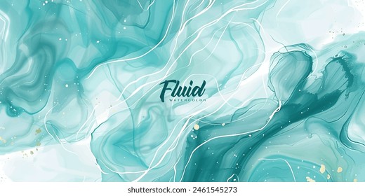 Fondo de acuarela de mármol líquido de menta cian pastel con líneas blancas y manchas de pincel. Efecto de dibujo de tinta de alcohol jaspeado turquesa verde azulado. Ilustración vectorial de fondo, acuarela invitación de boda.