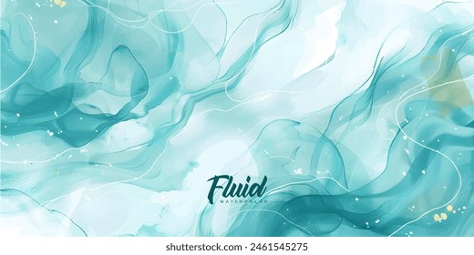 Pastel cyan mint liquid marble watercolor background with white lines and brush stains. Teal turquoise marbled alcohol ink drawing effect. Vector illustration backdrop, watercolour wedding invitation.