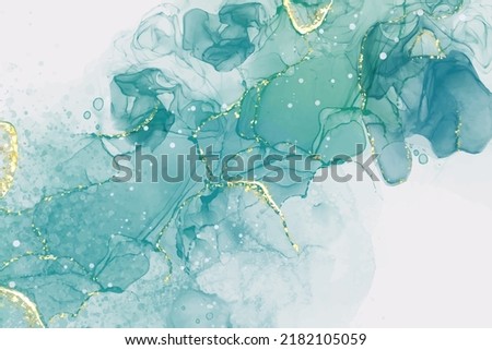 Pastel cyan mint liquid marble watercolor background with gold lines and brush stains. Teal turquoise marbled alcohol ink drawing effect. Vector illustration backdrop, watercolour wedding invitation.