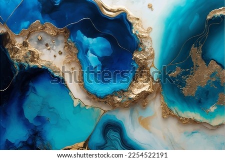 Pastel cyan mint liquid marble watercolor background with gold lines and brush stains. Teal turquoise marbled alcohol ink drawing effect. Vector illustration backdrop, watercolour wedding invitation.
