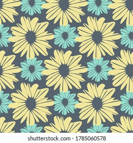Pastel daisy flowers seamless pattern in yellow and blue colors on grey background. Can be used for wallpaper, pattern fills, surface textures, fabric prints. Vector illustration.