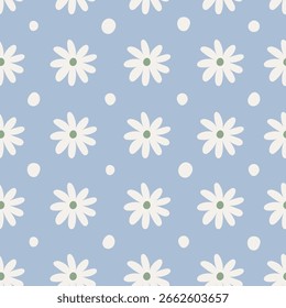 Pastel Daisy Seamless Pattern. Cute hand drawn Chamomile background with simple white flowers and dots. Minimalist childish design. Repeat vector illustration