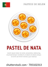 Pastel de nata. Pastel de Belém. Egg tart. National portuguese dessert. View from above. Vector flat illustration.