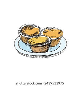 Pastel de nata portugese pastries. Hand drawn vector sweet cakes on white background