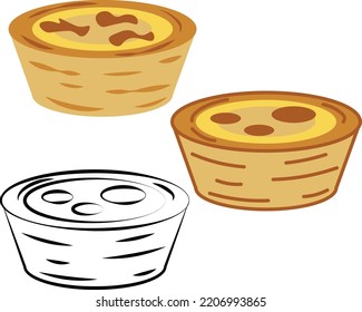 Pastel de nata postre típico portugués de tarta de huevo. Icono de ilustración vectorial en colores y versión de contorno