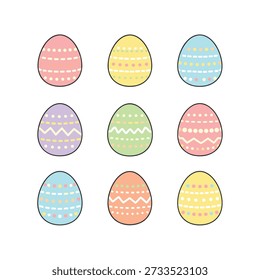 Pastel decorativo huevo de Pascua Set – Lindos huevos con patrón mínimo, Colores de primavera suaves, Ilustración vectorial plana