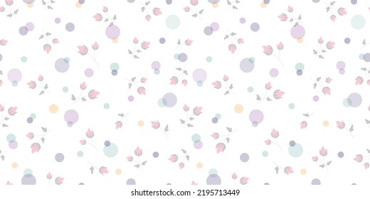 Pastel delicate colours rose buds with circles multi on white vector seamless vintage pattern design. For cute summer fabric prints, textiles, wrapping, covers, packaging and more 