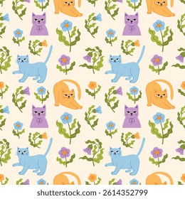 Pastel delicate trendy modern seamless pattern with flowers, botanical elements and cute cats in different poses. Beautiful soft floral wallpaper for textiles, scrapbooking, interior.
