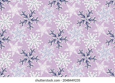 Pastel delicate winter seamless pattern. Snowflakes on a pink background.