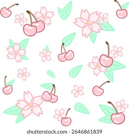 A  pastel design with ripe cherries, gentle cherry blossoms, and assorted leafy accents, blending nature and delicacy in a graceful composition