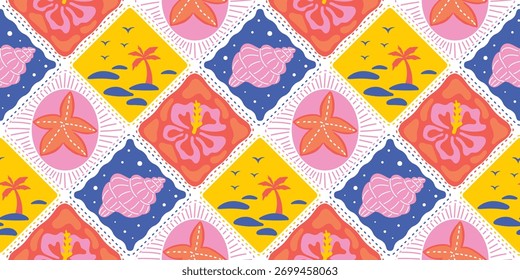 Pastellfarbenes Diamantgitter mit Blumen und Schalen, zarter, nahtloser Mustervektor. Geeignet für Tapeten, Textilien und Verpackungsdesign.