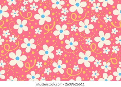 Pastel Doodle Flower Pattern with Soft Pink and Cream Background for Design Use
