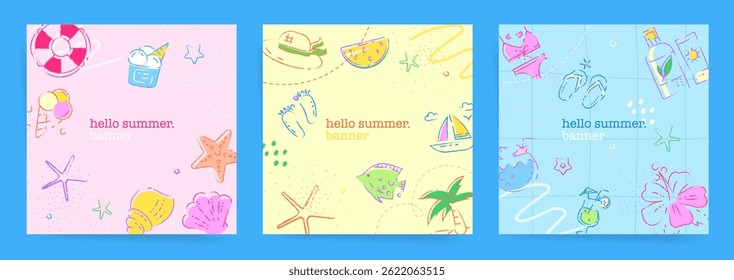 Pastel Doodle Hello Summer Square Banner Set with Beach Icons