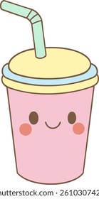A pastel drink cup with a cute smiling face and green straw, illustrated in cartoon Clowncore style. Perfect for kids' party decorations, fun fair clipart, carnival themes.