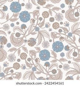 Pastel earth tone seamless pattern of stylised flowers on white background. For textile, wallpaper, packaging, DIY projects.