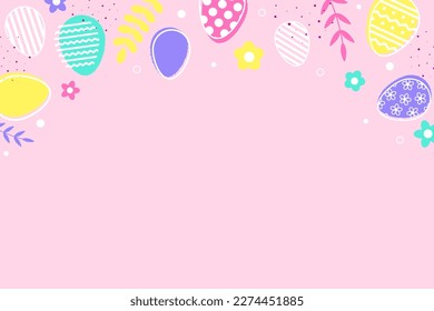 Pastel Easter background with eggs and flowers. Minimal design for card, poster and banner. Vector illustration