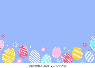 Pastel Easter background with eggs and flowers. Minimal design for card, poster and banner. Vector illustration