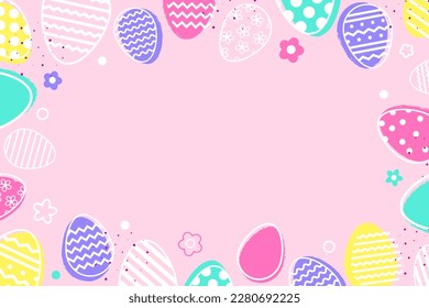 Pastel Easter background with eggs and flowers. Minimal design for card, poster and banner. Vector illustration