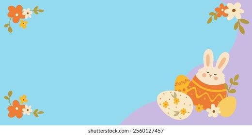 A pastel Easter banner with a cute bunny peeking out of an egg. The bunny is surrounded by colorful eggs and flowers. The background is a soft blue and purple gradient.
